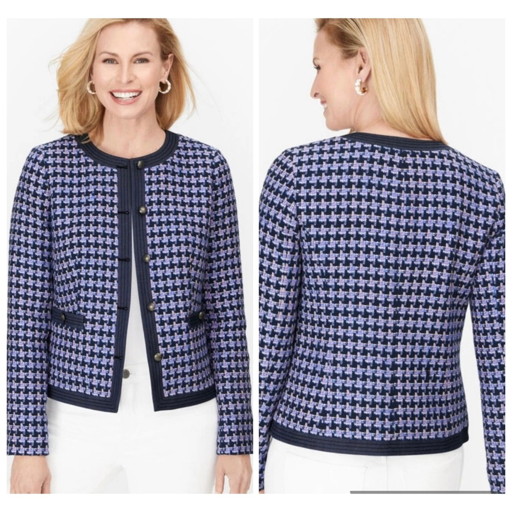 Talbots Blue Pink Houndstooth Basket Tweed Jacket Crest Button JO3069‎ Size 10